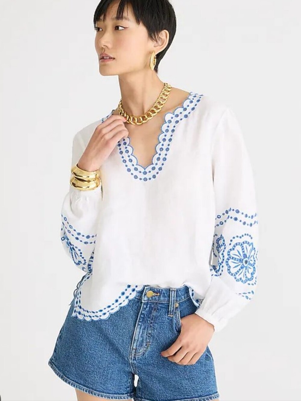 J. Crew Bungalow Embroidered Tunic Top Linen White & Blue Size L